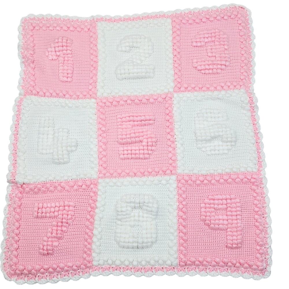 Handmade Crochet Numbers Pink White Girls Baby Crib Blanket L 33" W 30"